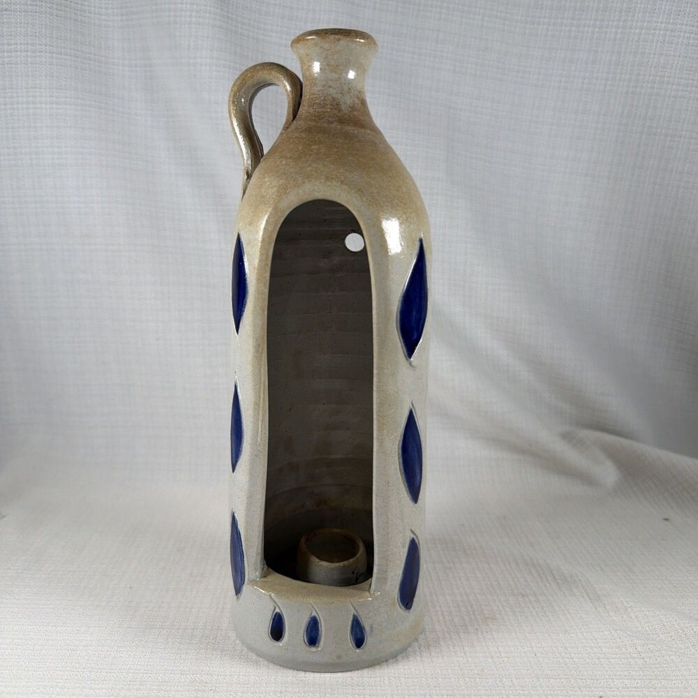 Vintage Williamsburg Pottery Salt Glazed Stoneware Jug Candle Lantern Blue 9"